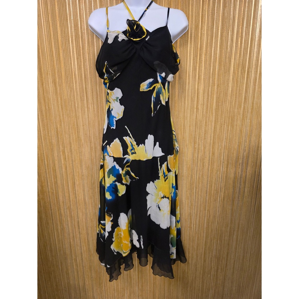 Available Black Floral Halter Midi Dress Y2K Handkerchief Hem Flowy Resort Boho